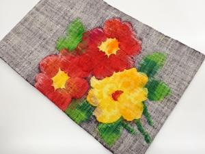 未使用品　手織り真綿紬　花葉模様織り出し名古屋帯
